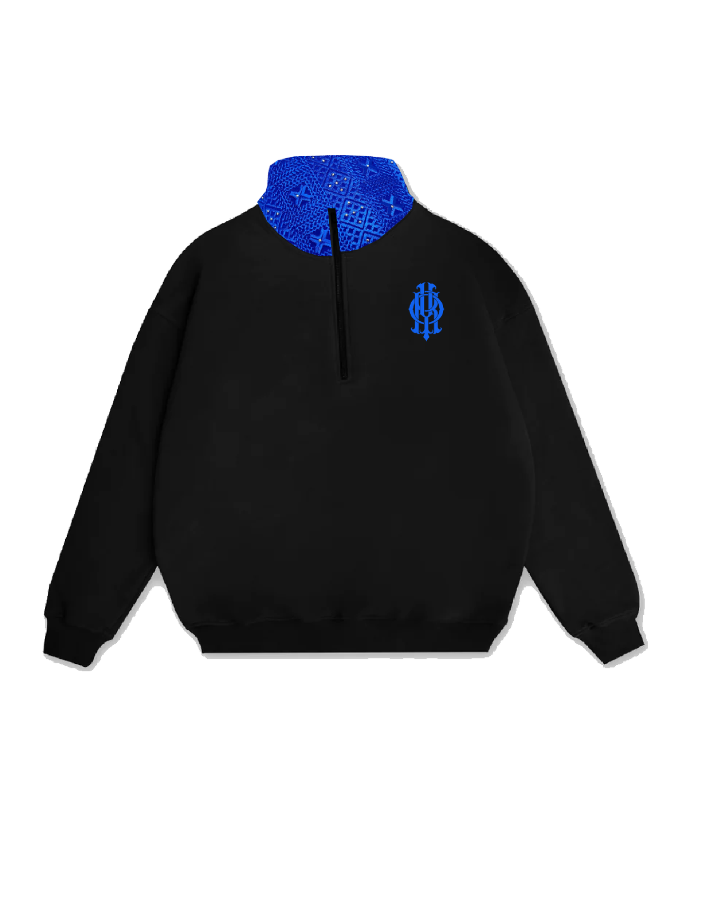 YOR® Royal Blue Phulkari Quarter Zip - Black