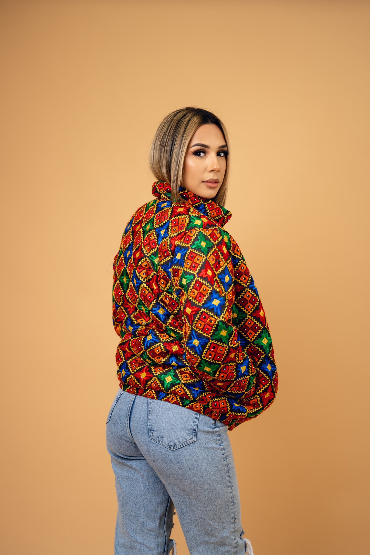 YOR® Womens Black Phulkari Puffer Jacket - Black