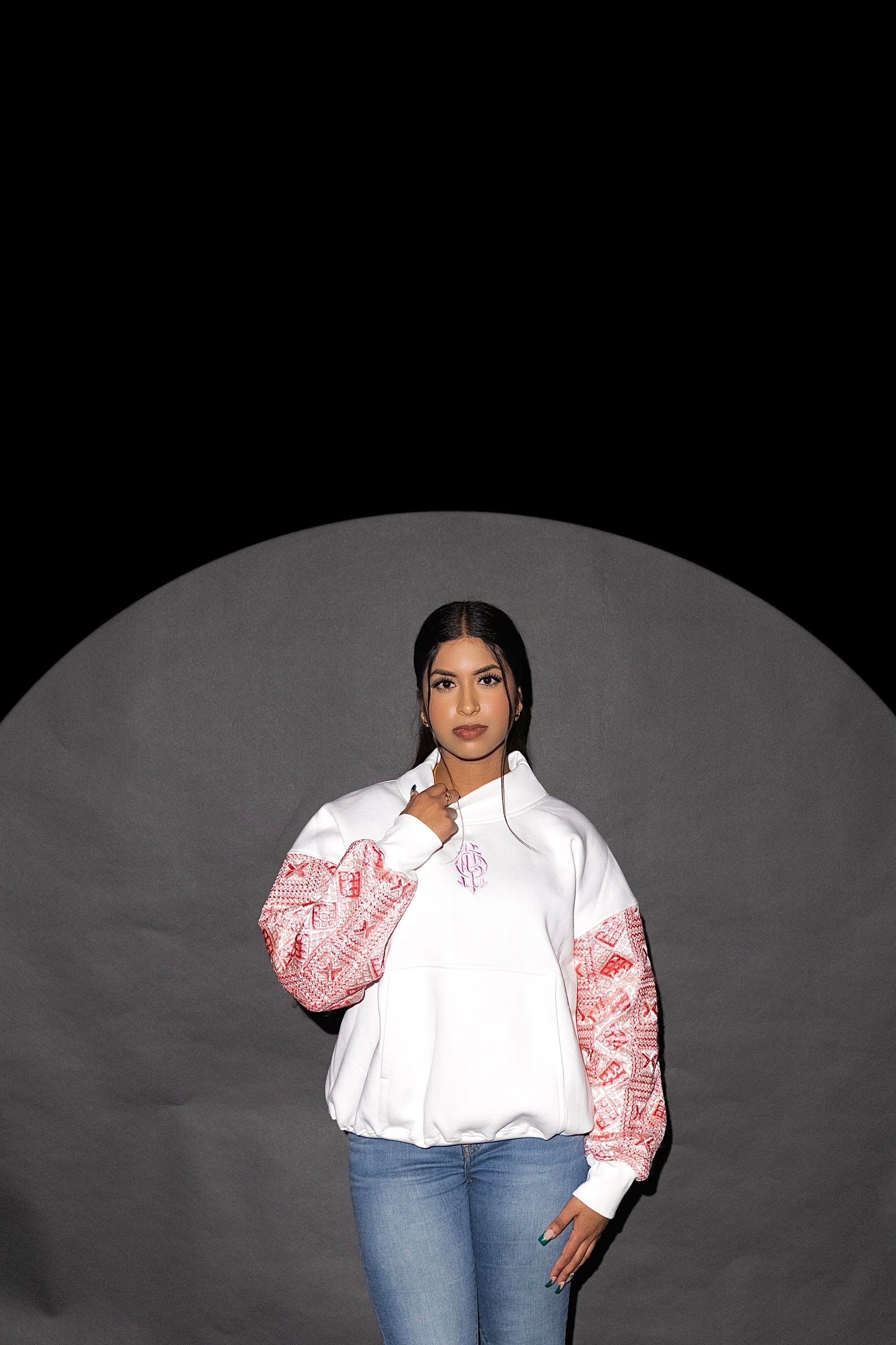 YOR® Pink Phulkari Mock Neck Sweatshirt - White