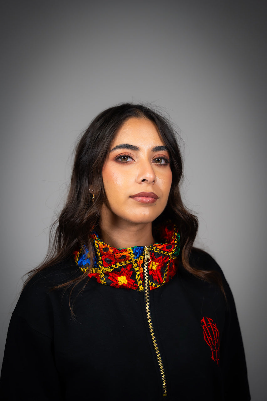 YOR Black Phulkari Quarter Zip with heavyweight cotton and our best selling phulkari collar