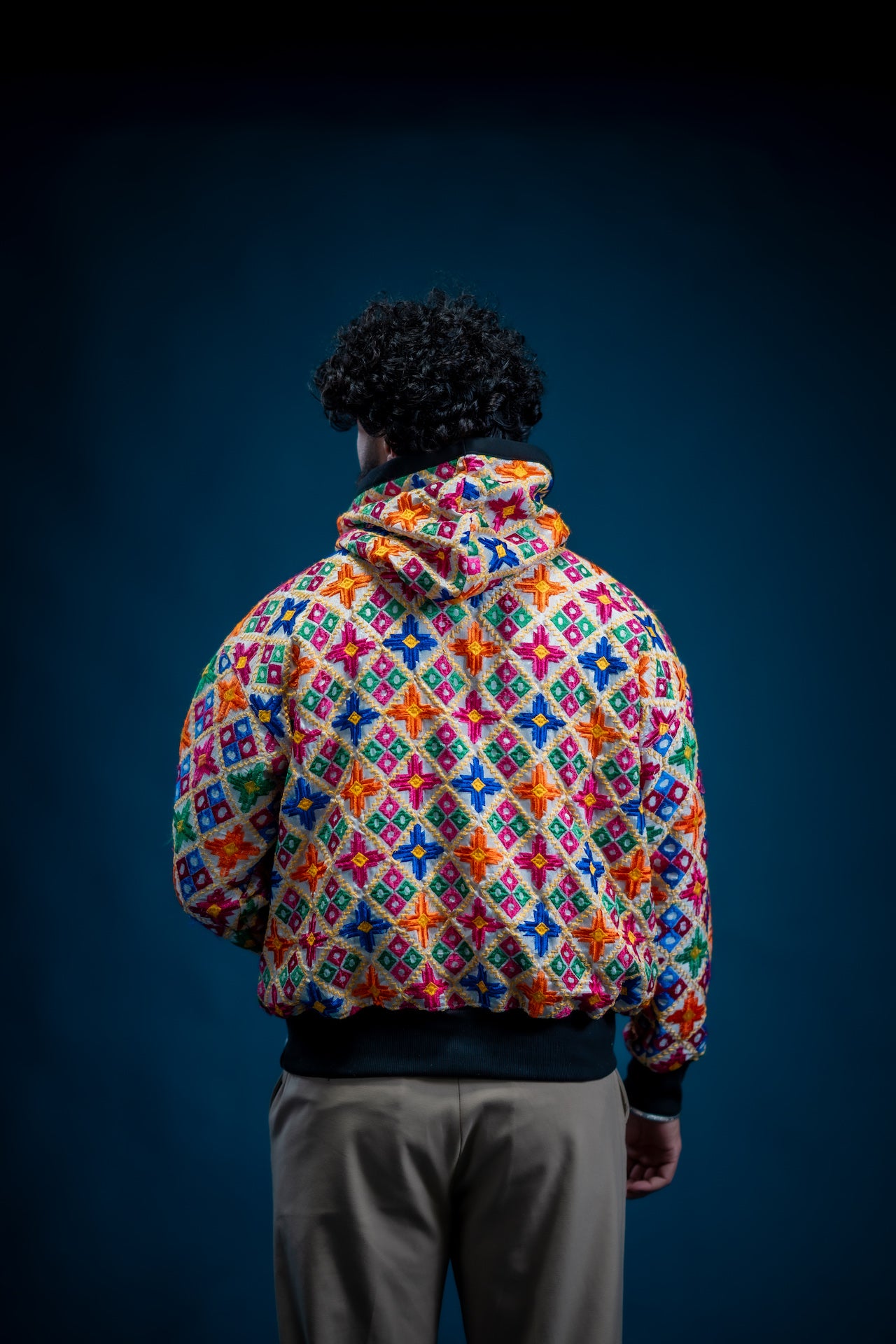 YOR Double Layer Phulkari Hoodie in white with structured double-layer hood