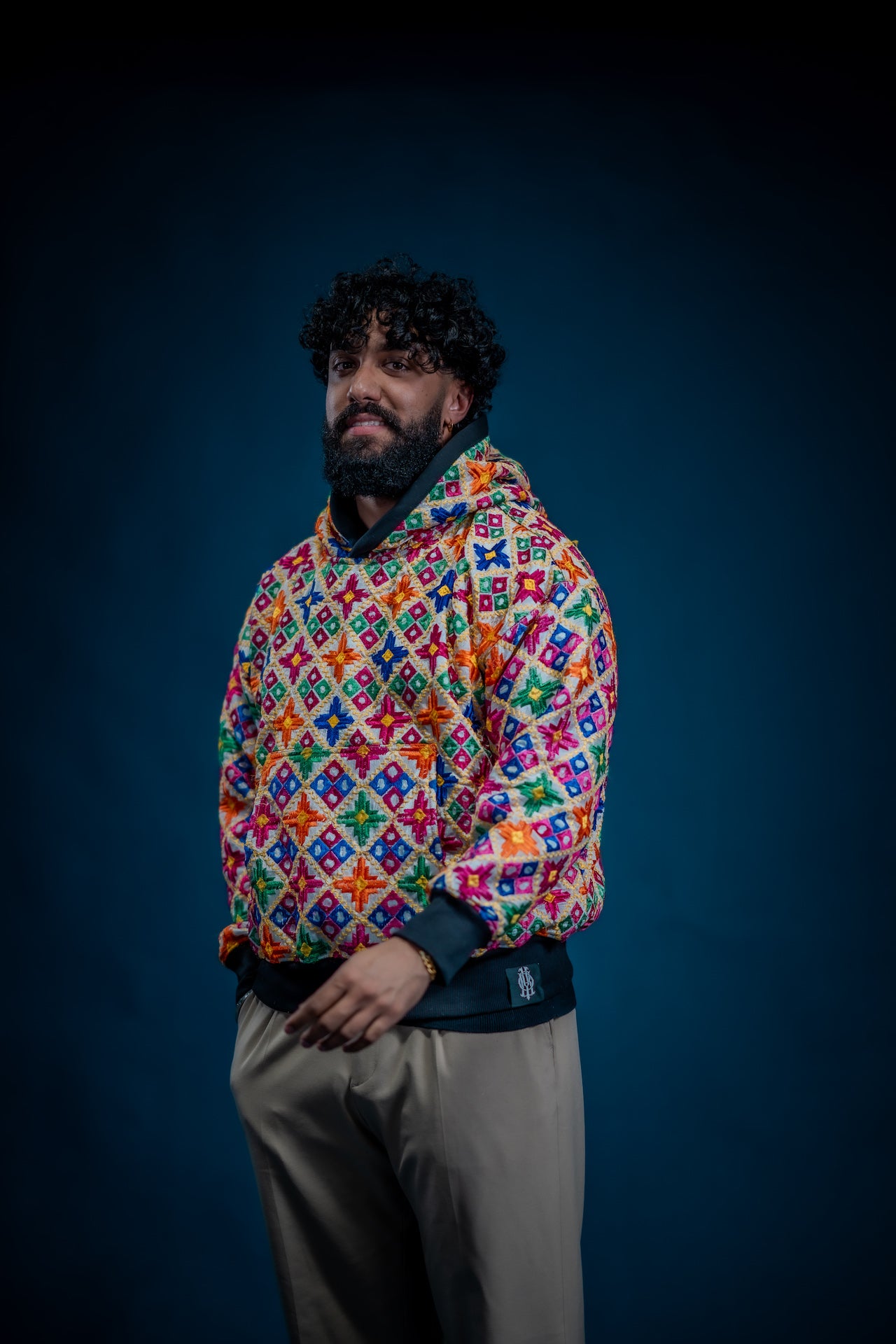 YOR Double Layer Phulkari Hoodie in white with structured double-layer hood
