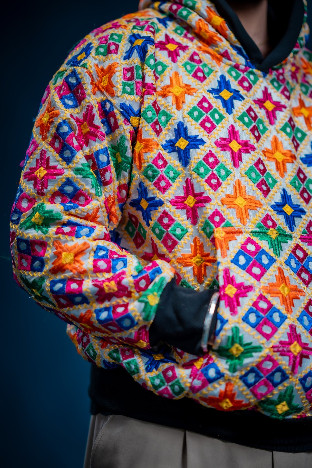 YOR Double Layer Phulkari Hoodie in white with structured double-layer hood
