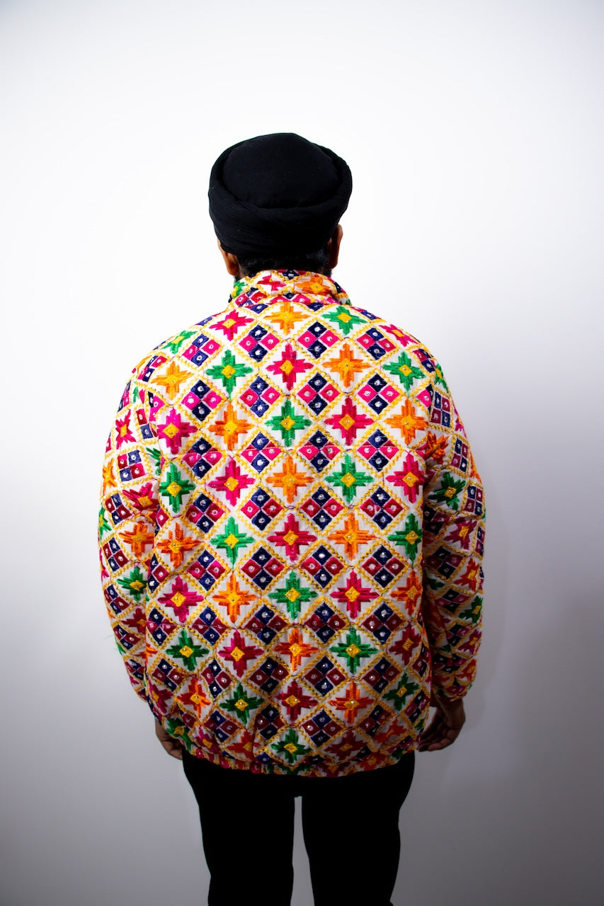 YOR Phulkari Puffer Jacket in white featuring our white phulkari