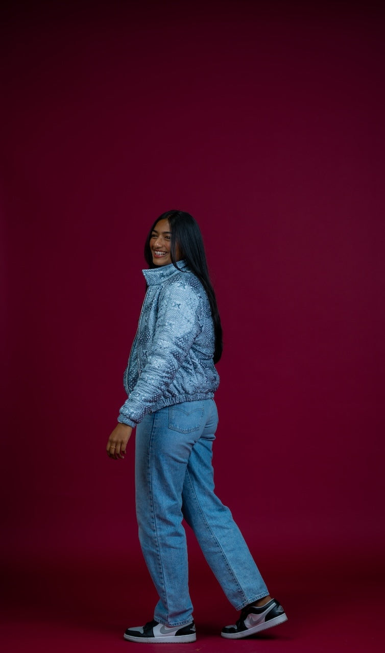 YOR® Womens Icy Grey Phulkari Puffer Jacket - Icy Grey