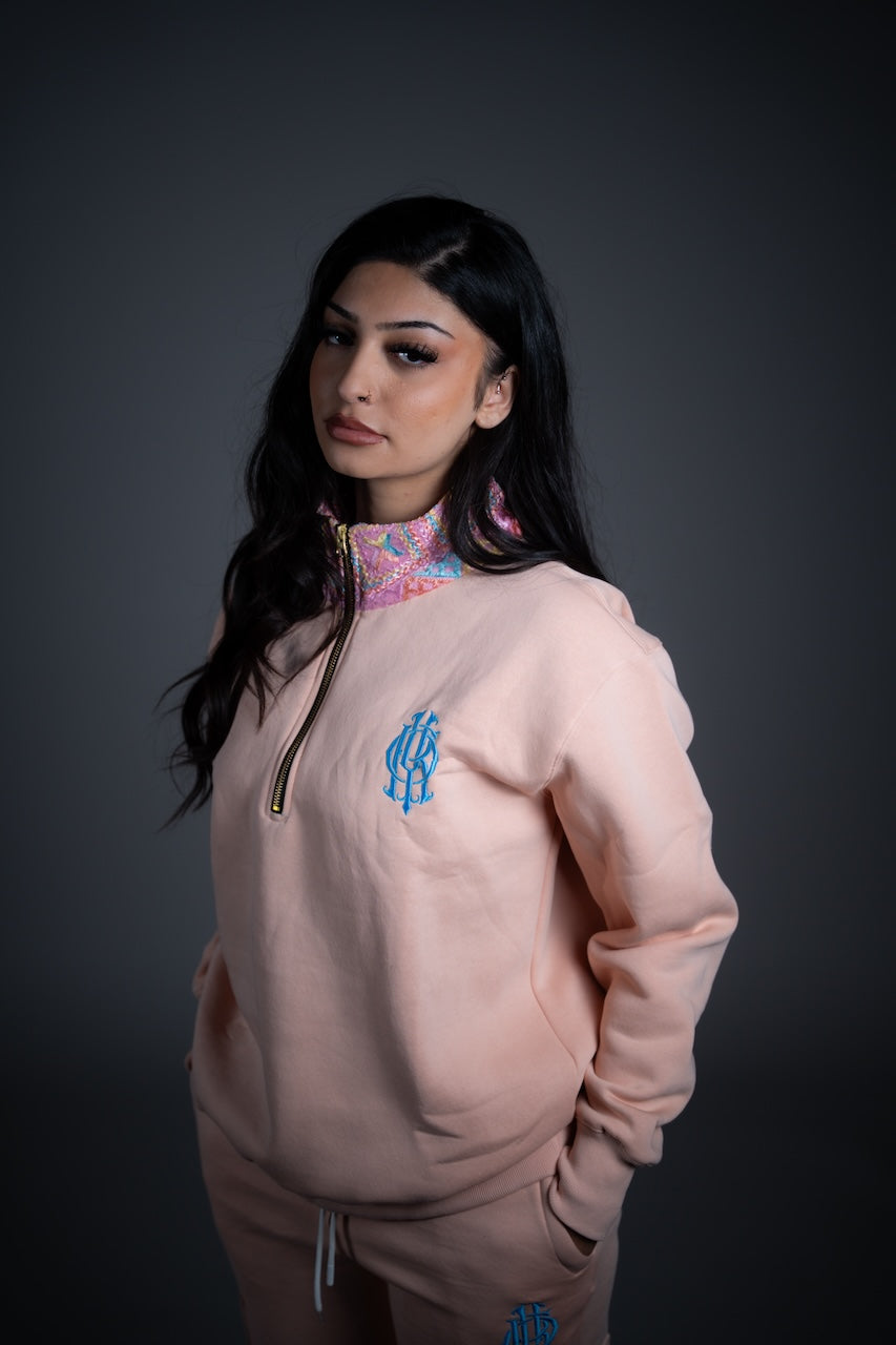 YOR® PASTEL PHULKARI QUARTER ZIP - CREAM