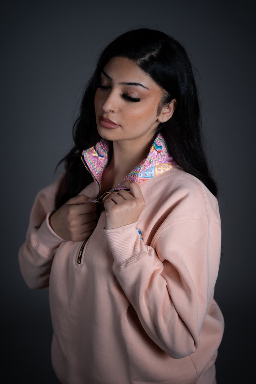 YOR® PASTEL PHULKARI QUARTER ZIP - CREAM