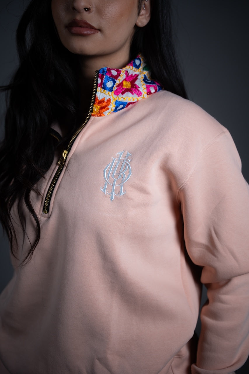 YOR® WHITE PHULKARI QUARTER ZIP - CREAM