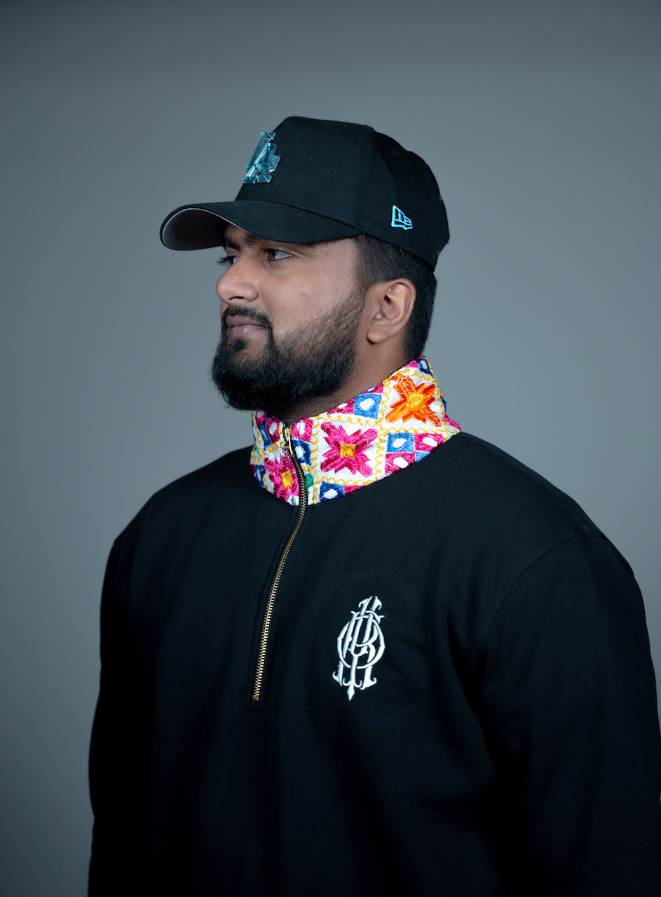YOR® WHITE PHULKARI QUARTER ZIP - BLACK