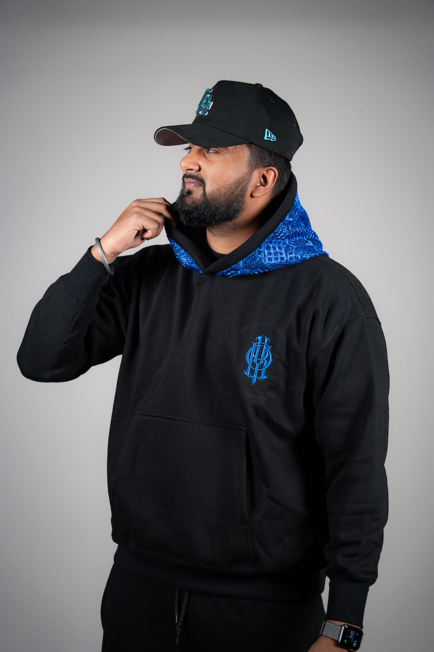 YOR® ROYAL BLUE PHULKARI HOODIE - BLACK