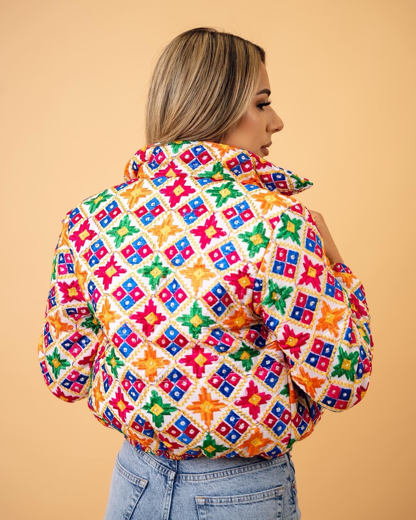 YOR® Womens White Phulkari Puffer Jacket - White