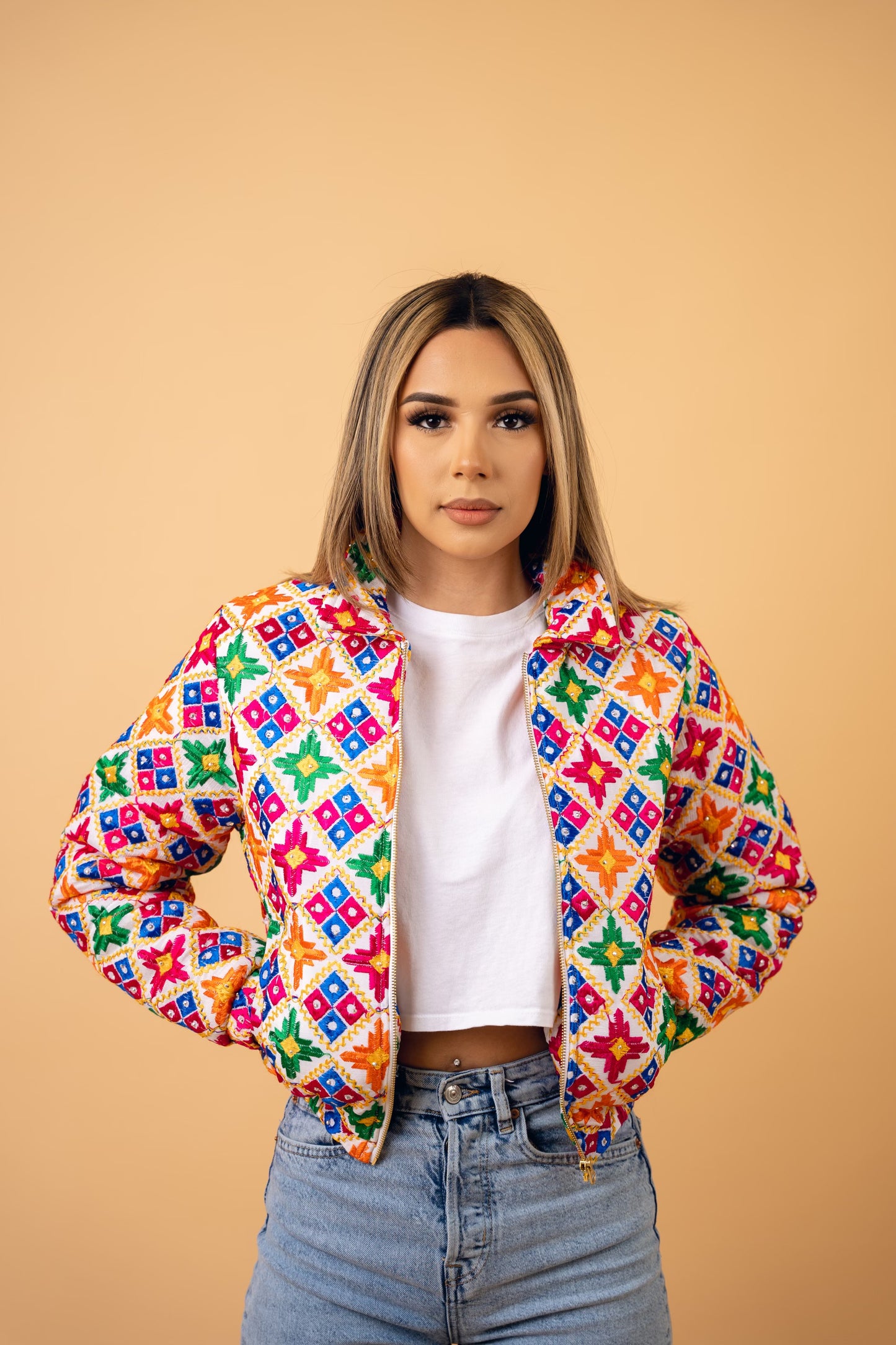 YOR® Womens White Phulkari Puffer Jacket - White