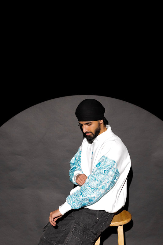 YOR® UNC BLUE PHULKARI MOCKNECK SWEATSHIRT - WHITE (PRE-ORDER)