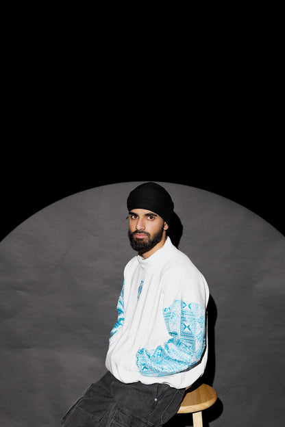 YOR® UNC BLUE PHULKARI MOCKNECK SWEATSHIRT - WHITE (PRE-ORDER)