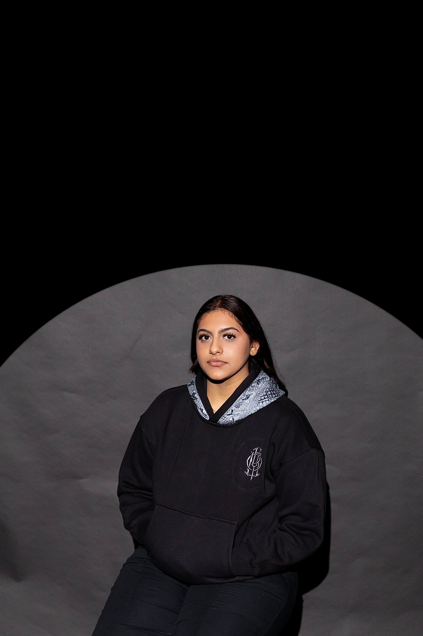 YOR® ICY GREY PHULKARI HOODIE - BLACK (Pre-Order)