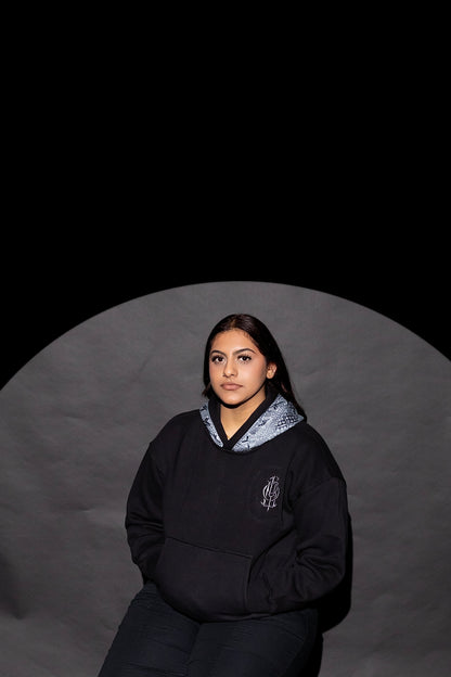 YOR® ICY GREY PHULKARI HOODIE - BLACK (Pre-Order)