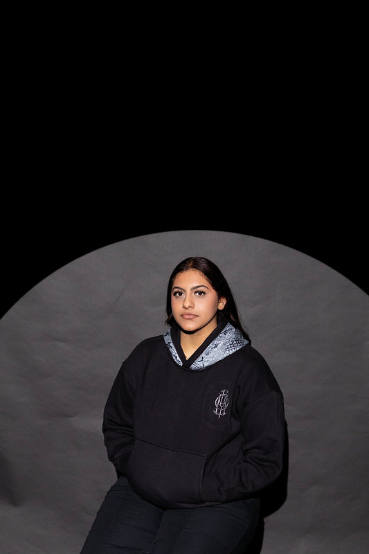 YOR® ICY GREY PHULKARI HOODIE - BLACK (Pre-Order)