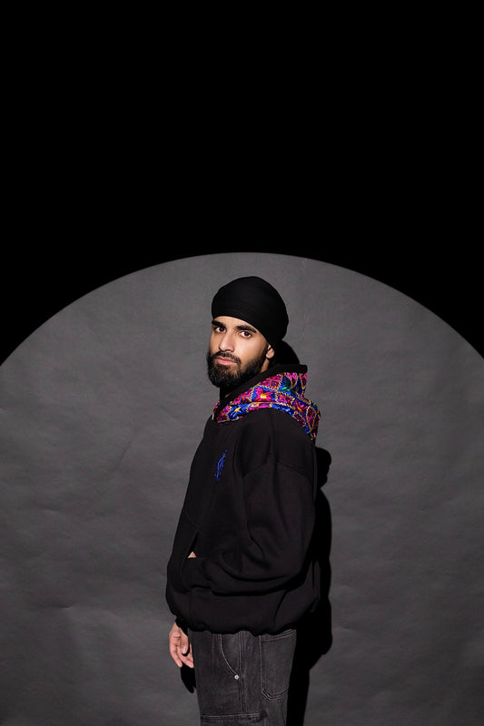 YOR® OG BLUE PHULKARI HOODIE - BLACK (Ready To Ship)