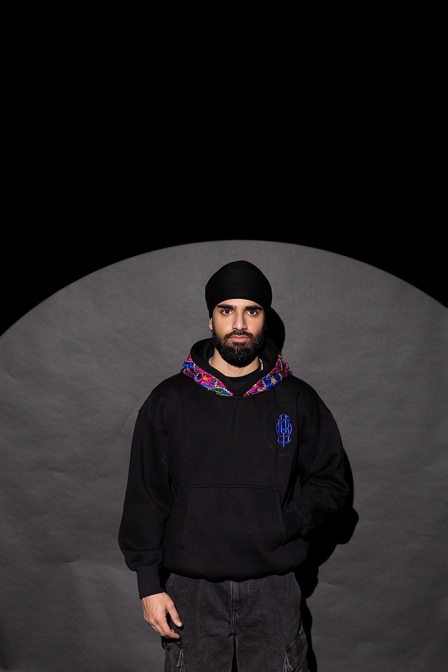YOR® OG BLUE PHULKARI HOODIE - BLACK (Ready To Ship)