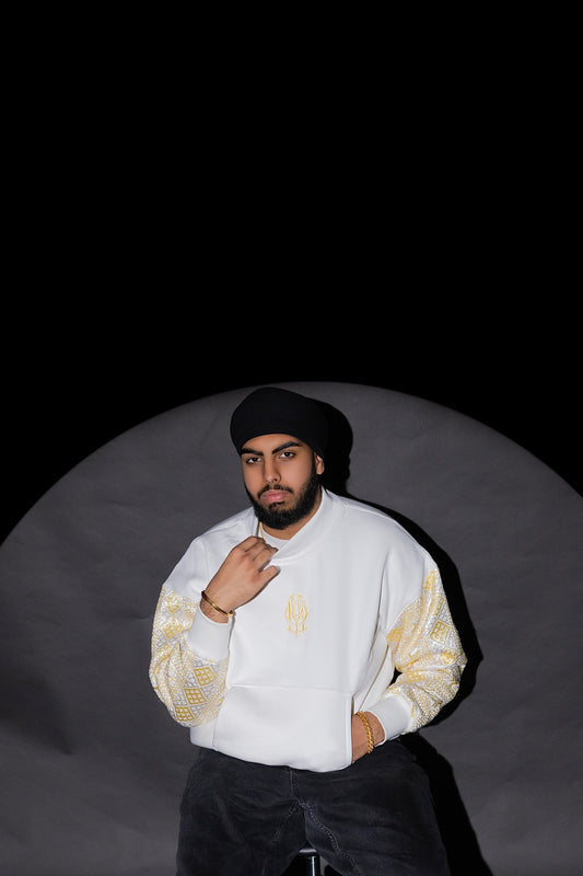 YOR® YELLOW PHULKARI MOCKNECK SWEATSHIRT - WHITE (PRE-ORDER)