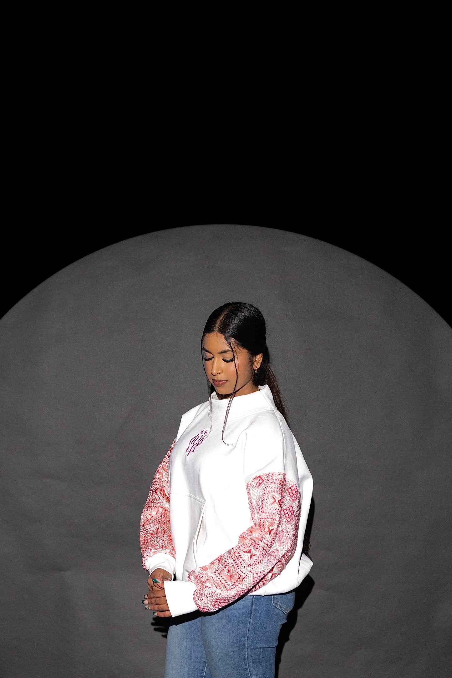 YOR® PINK PHULKARI MOCKNECK SWEATSHIRT - WHITE (PRE-ORDER)
