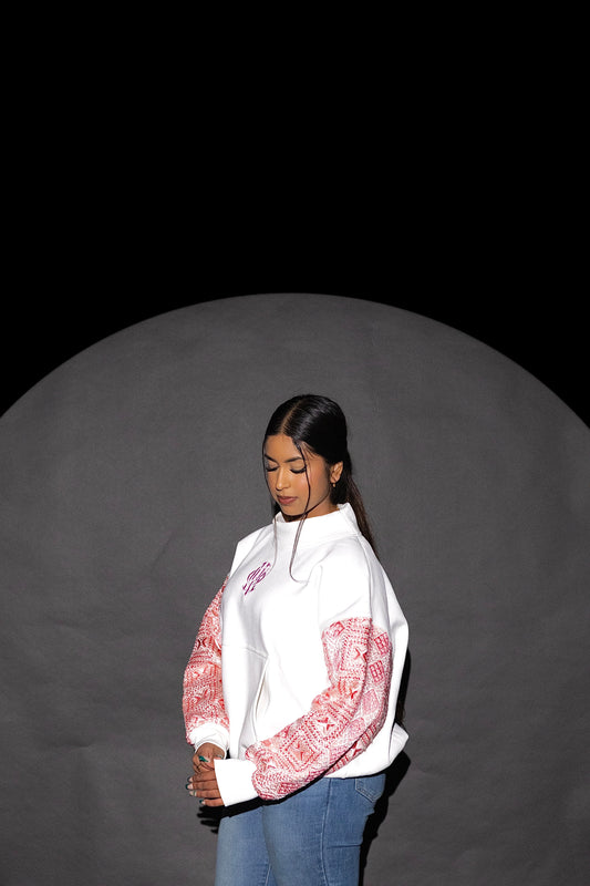 YOR® PINK PHULKARI MOCKNECK SWEATSHIRT - WHITE (PRE-ORDER)