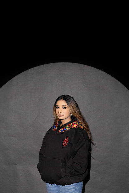 YOR Black Phulkari Hoodie featuring our phulkari embroidery 