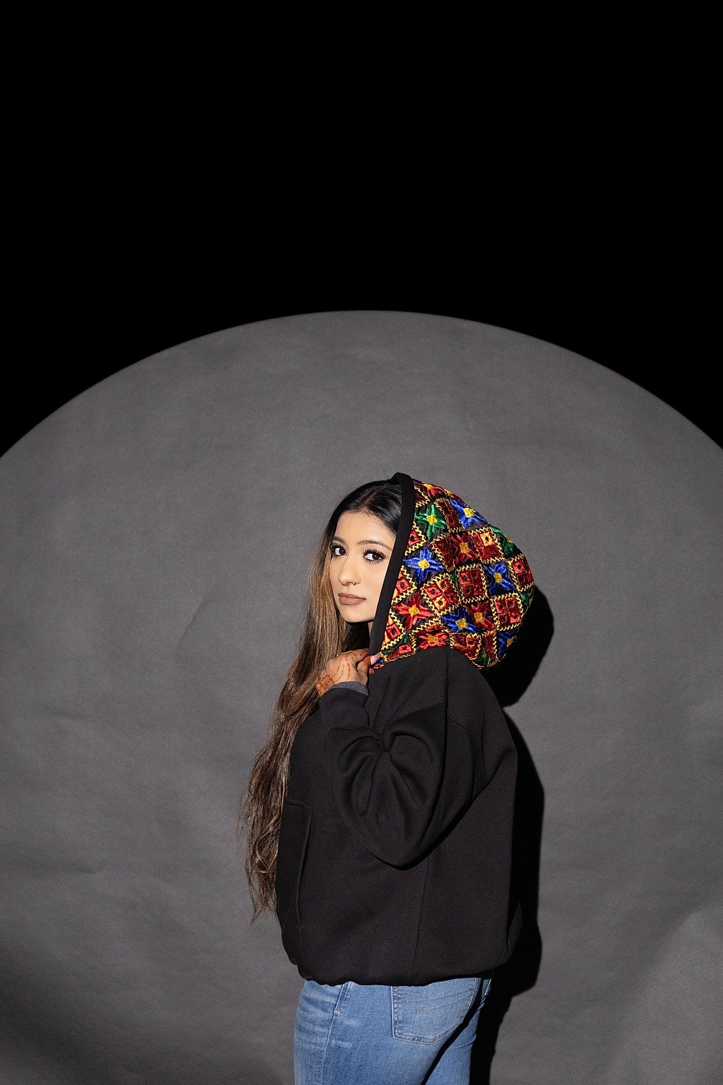 YOR Black Phulkari Hoodie featuring our phulkari embroidery 