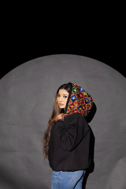 YOR Black Phulkari Hoodie featuring our phulkari embroidery 