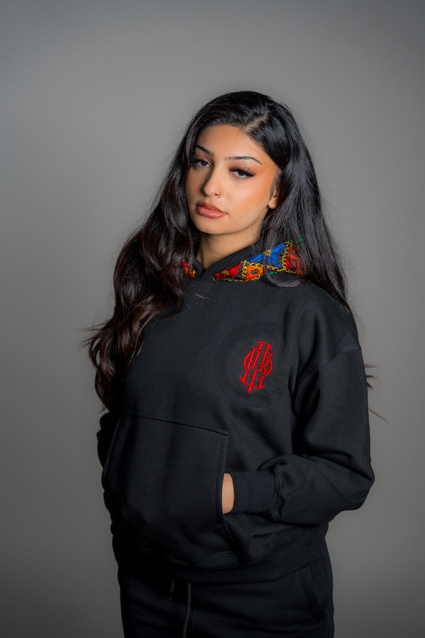 YOR Black Phulkari Hoodie featuring our phulkari embroidery 