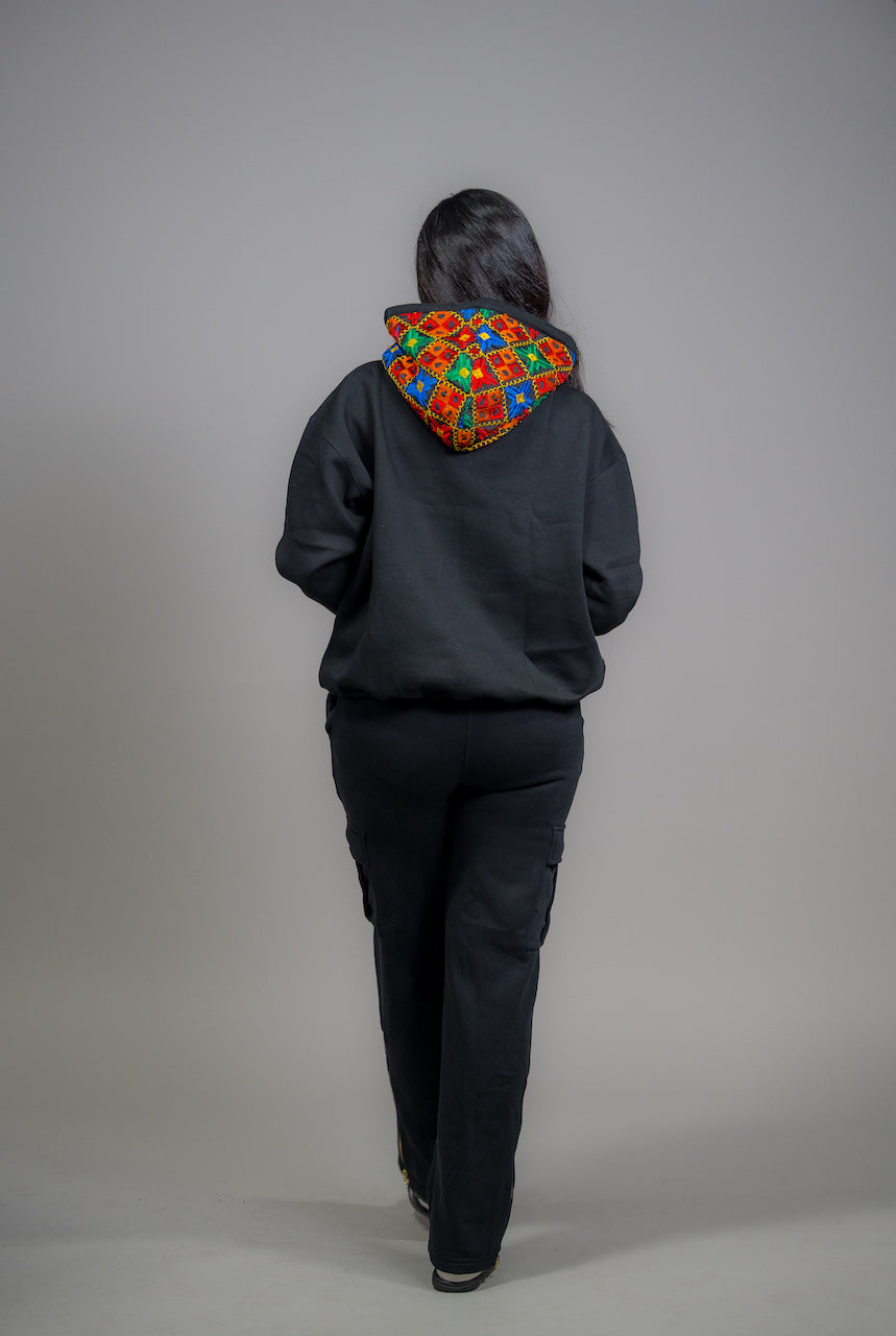 YOR Black Phulkari Hoodie featuring our phulkari embroidery 