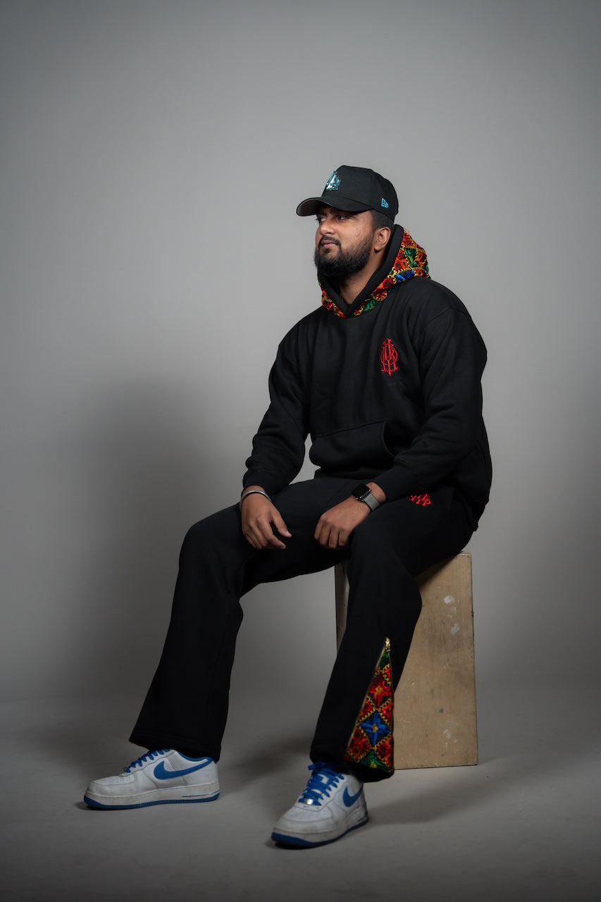 YOR Heavyweight Black Phulkari Hoodie featuring our phulkari embroidery 