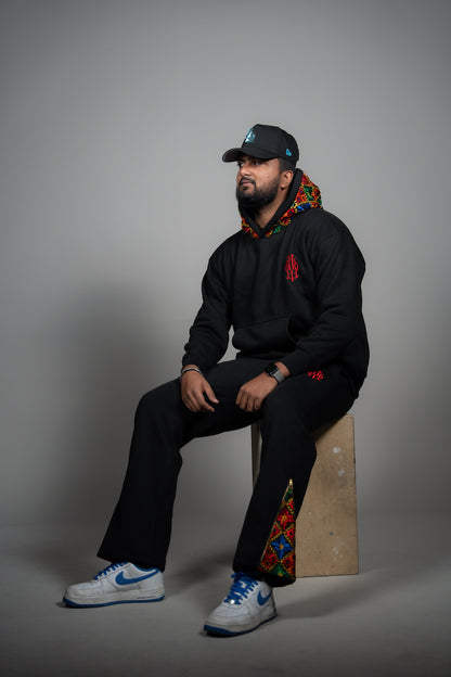 YOR Heavyweight Black Phulkari Hoodie featuring our phulkari embroidery 