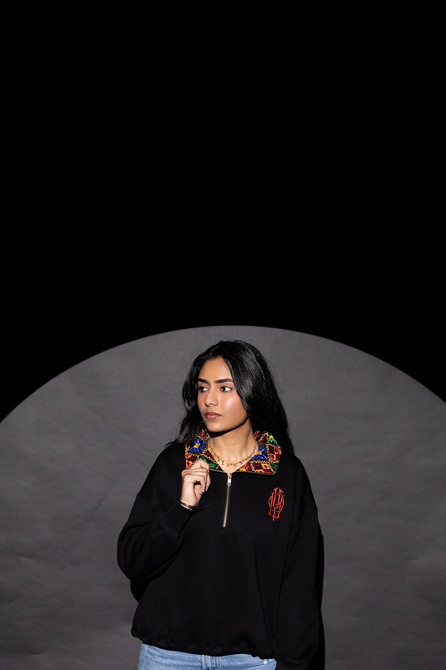 YOR Black Phulkari Quarter Zip with heavyweight cotton and our best selling phulkari collar