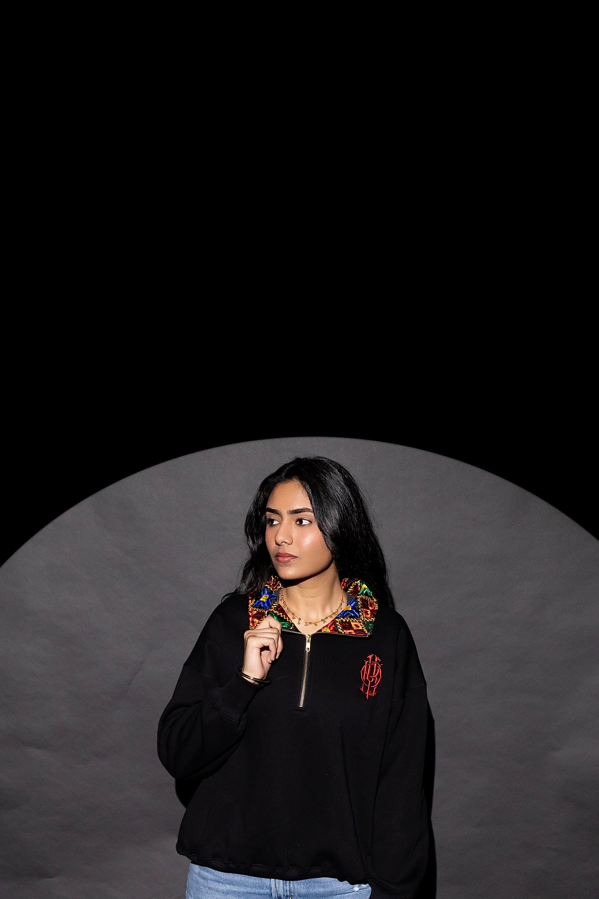 YOR Black Phulkari Quarter Zip with heavyweight cotton and our best selling phulkari collar