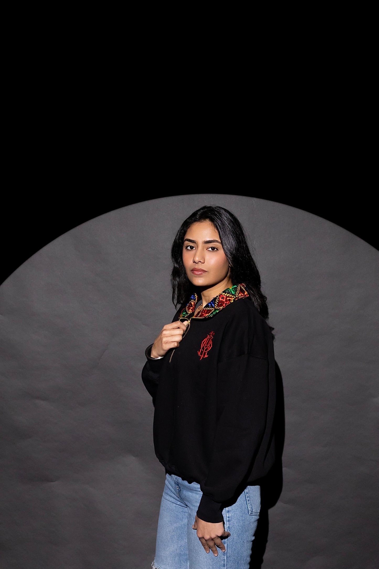 YOR Black Phulkari Quarter Zip with heavyweight cotton and our best selling phulkari collar