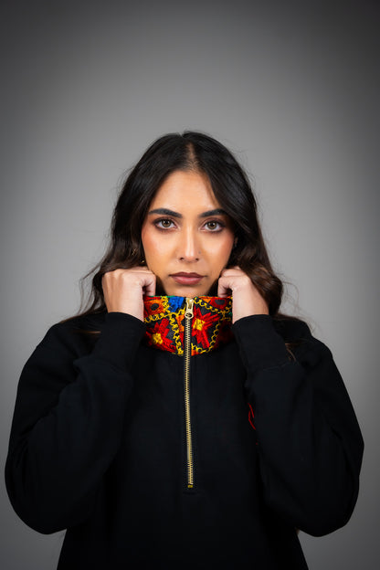 YOR Black Phulkari Quarter Zip with heavyweight cotton and our best selling phulkari collar