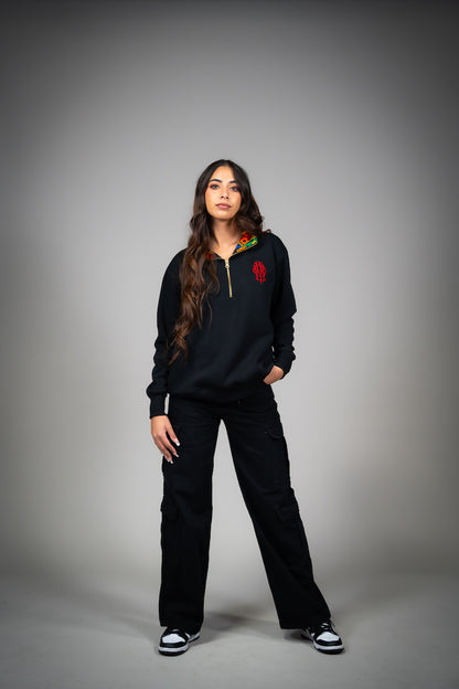 YOR Black Phulkari Quarter Zip with heavyweight cotton and our best selling phulkari collar