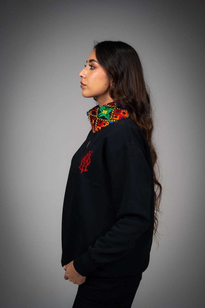 YOR Black Phulkari Quarter Zip with heavyweight cotton and our best selling phulkari collar