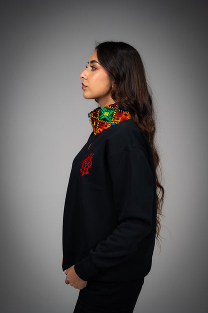 YOR Black Phulkari Quarter Zip with heavyweight cotton and our best selling phulkari collar