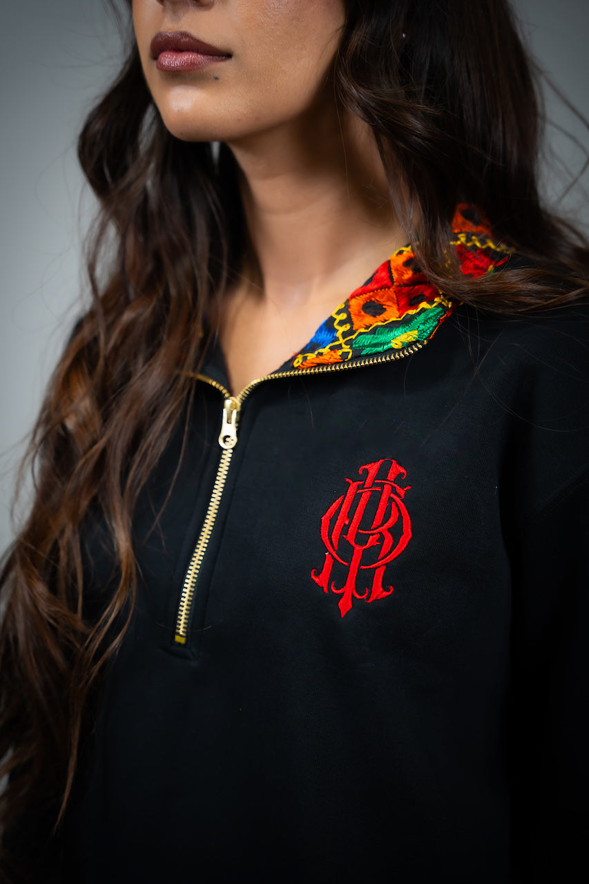 YOR Black Phulkari Quarter Zip with heavyweight cotton and our best selling phulkari collar