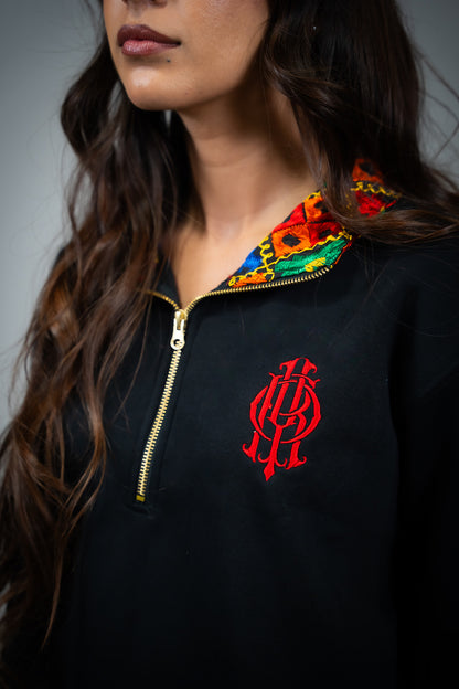 YOR Black Phulkari Quarter Zip with heavyweight cotton and our best selling phulkari collar