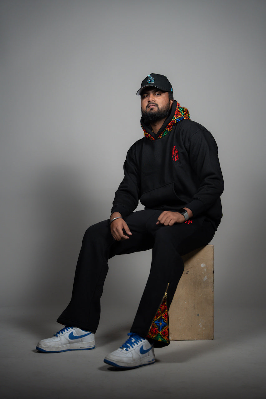 YOR Black Phulkari Sweatpants with our flared phulkari 