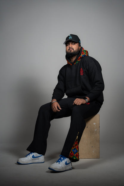 YOR Black Phulkari Sweatpants with our flared phulkari 