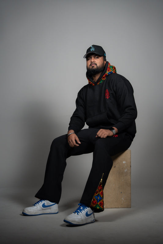 YOR Black Phulkari Sweatpants with our flared phulkari 