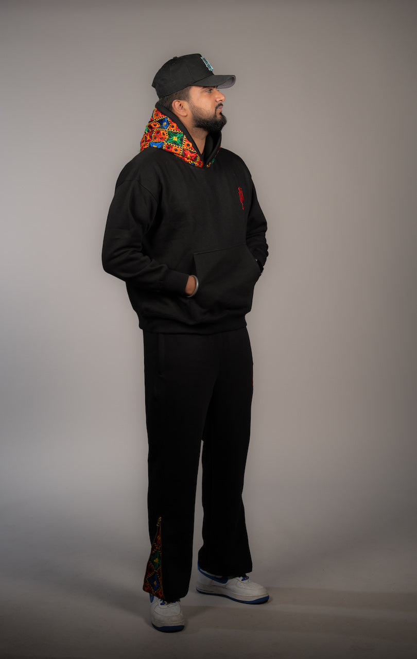 YOR Black Phulkari Sweatpants with our flared phulkari 