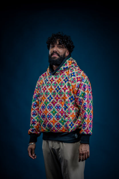 YOR Double Layer Phulkari Hoodie in white with structured double-layer hood