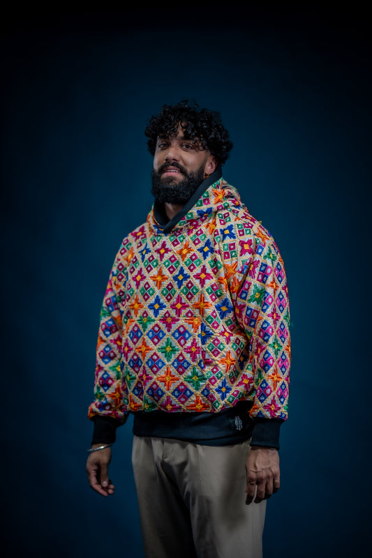 YOR Double Layer Phulkari Hoodie in white with structured double-layer hood