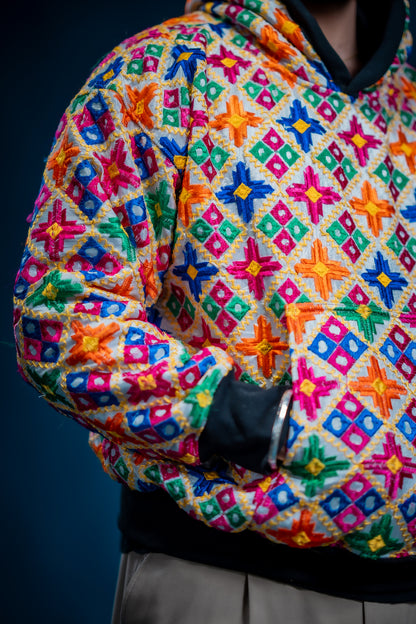 YOR Double Layer Phulkari Hoodie in white with structured double-layer hood
