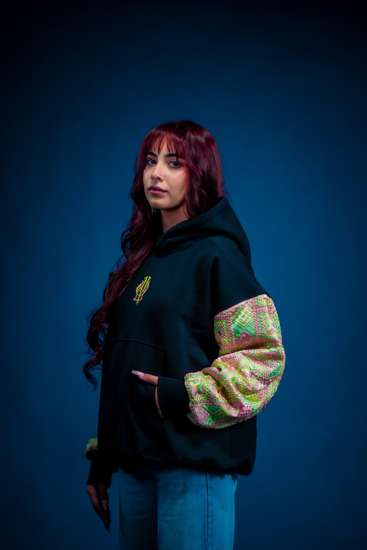 YOR Black 100% Heavyweight Cotton Phulkari hoodie featuring Hulk-inspired green Phulkari embroidery detailing color way on sleeves